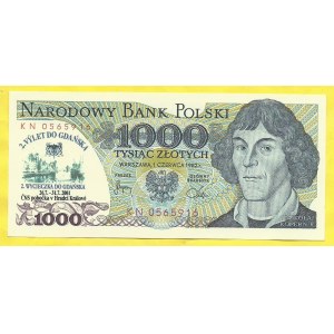 2. výlet do Gdaňska 2001, přítisk na 1000 zlotych 1982. F.-E03a