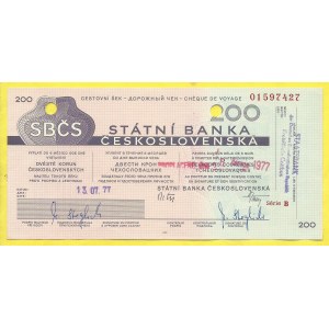 Cestovní šek na 200 Kčs, vzor 1967, ser. B. razítko 1977, perforace, bez vodotisku