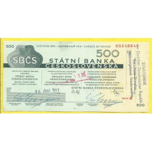 Cestovní šek na 500 Kčs, vzor 1967, ser.M, razítko 1977, nedoražená perforace, bez vodotisku