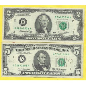 2 dollars 1976, s. B, 5 dollars 1969A, s. A. Pick-461, 450b.  1x grafity