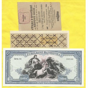 Jubilejní bankovka DAS 2008, výkaz o spotřebě kávové směsi 1.2.1918, úrokový kupon státní půjčky obrany státu na 11...