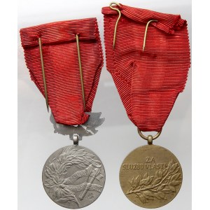 Medaile Za službu vlasti, I. vydání. Bronz, stuha, dekret z r. 1955. VM-44, SN-145. Medaile Za zásluhy o obranu vlasti...