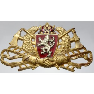 Přilbový odznak s českým znakem. Mosaz 44 x 80 mm, 2 úchyty, zn. V. Šmakal Praha