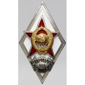 Odznak pro absolventa voj. akademie Dzeržinského. Bílý kov 46,5 x 26,4 mm, šroub s matkou