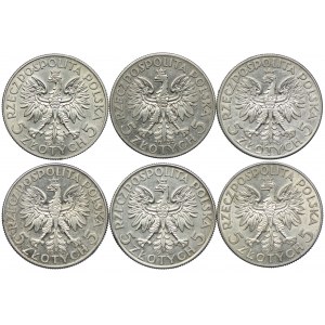 Zestaw II RP, 5 złotych 1932-1934, Głowa Kobiety (6szt.)