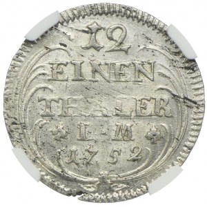 Niemcy, Brunszwik-Wolfenbüttel, Karol I, 1/12 talara 1752, Braunschweig, NGC MS62