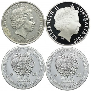 Zestaw, Wielka Brytania 2 funty, Australia 1 dolar, Armenia 500 dram, 4x1 uncja Ag999