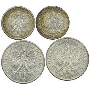 Zestaw II RP, 2, 5 złotych Głowa Kobiety, 2 złote 1936 Żaglowiec (4szt.)