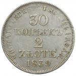 Russische Teilung, Nikolaus I., 30 Kopeken = 2 Zloty 1839 MW, Warschau - kein Bruchstrich - RARE