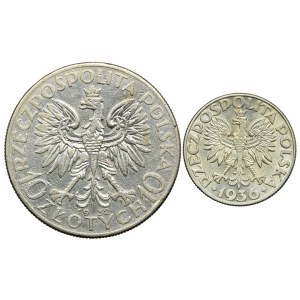 Zestaw, 10 złotych 1932 Głowa Kobiety, 2 złote 1936 Żaglowiec (2szt.)