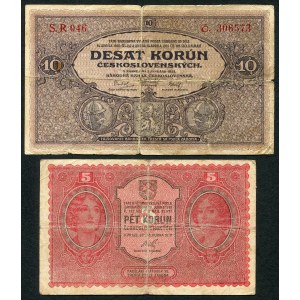 Tschechoslowakei, 10 Kronen 1927 - R - 5 Kronen 1919 (2 Stück).