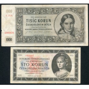 Czechosłowacja, 1000 koron 1945, 100 koron 1945 (2 szt.)