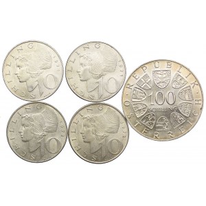 Austria, zestaw, 10, 100 szylingów 1971-1977 (5szt.)