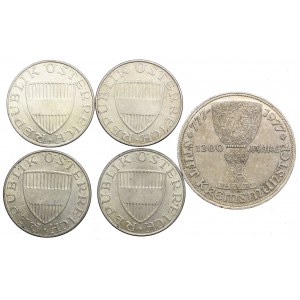 Austria, zestaw, 10, 100 szylingów 1971-1977 (5szt.)
