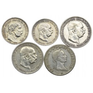 Austro-Węgry, 20 krajcarów 1832 A, 1 korona 1914 Kremnica, 1916 Wiedeń, 2 korony 1912 Wiedeń (5szt.)