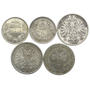 Österreich-Ungarn, 20 krajcars 1832 A, 1 Krone 1914 Kremnica, 1916 Wien, 2 Kronen 1912 Wien (5 Stk.).