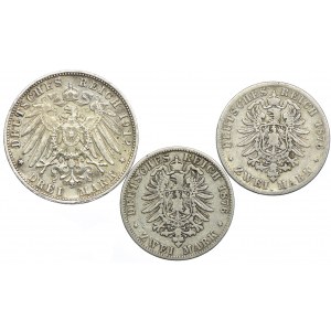 Niemcy, zestaw Bawaria, Hamburg, Witembergia, 3 marki 1912 D/Monachium, 2 marki 1876 J/Hamburg, 2 marki 1876 F/Stuttgart (3 szt.)