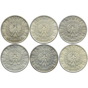 10 złotych 1935-37, Józef Piłsudski, zestaw (6 szt.)