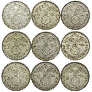 Niemcy, III Rzesza, 2 marki 1938 (9 szt.)
