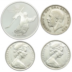Kursmünzensatz, Kanada $20 1988, UK 1/2 Krone 1932, Australien 50 Cent 1966 (4Stück).