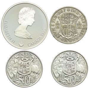 Zestaw monet, Kanada 20 dolarów 1988, Wielka Brytania 1/2 korony 1932, Australia 50 centów 1966 (4szt.)