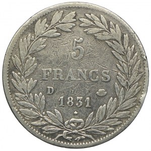 Francja, Ludwik Filip I, 5 franków 1831 D, Lyon