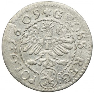 Sigismund III. Wasa, Pfennig 1609, Krakau, Lewart-Wappen in ovalem Schild