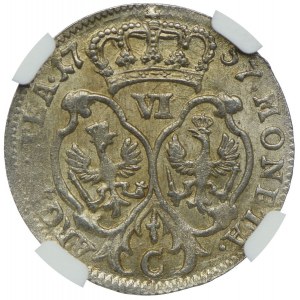Deutschland, Preußen, Friedrich II., Sechspfennig 1757 C, Kleve, NGC MS65