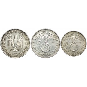 Niemcy, III Rzesza, 5 marek 1936 A, 5 marek 1939 A, 2 marki 1937 A, (3szt.)