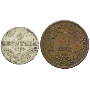 Österreich, Franz II., 6 krajcars 1795 Wien, Ungarn, Franz Joseph I., 4 krajcars 1868, KB (2 Stck.).