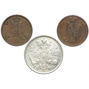 Finland, Alexander III, Nicholas II, 1 penni 1891, 1899, 50 penniä 1916 (3 pieces).