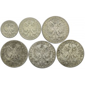Set, 2 zloty 1934, 5 zloty 1934, 10 zloty 1932-33, Head of a Woman (6 pieces).