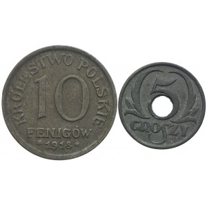 Królestwo Polskie 10 fenigów 1918, Generalnia Gubernia 5 groszy 1939, Warszawa (2szt.)