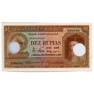 Portuguese India 10 Rupias 1945 RADAR Cancelled Note