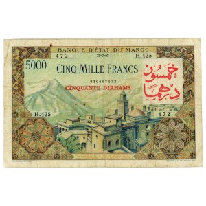 Morocco 50 Dirhams on 5000 Francs 1959 ND (old date 23.7.1953)