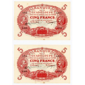 Guadeloupe 2 x 5 Francs 1945 (ND) With Consecutive Numbers