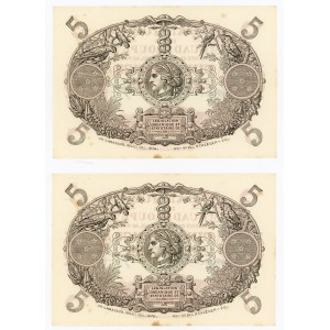 Guadeloupe 2 x 5 Francs 1945 (ND) With Consecutive Numbers