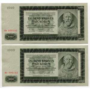 Bohemia & Moravia 2 х 1000 Korun 1942 With Consecutive Numbers