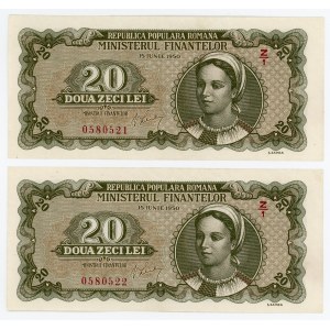 Romania 2 x 20 Lei 1950 With Consecutive Numbers