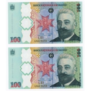Romania 2 x 100 Lei 2019 With Consecutive Numbers