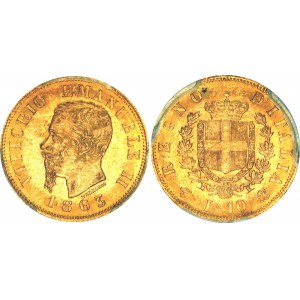 Italy 10 Lire 1863 TBN PCGS MS 63