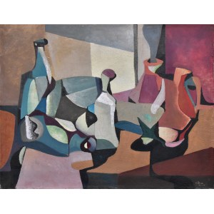 Zdzislaw Stanek (1925-1996), Decanters and Bottles. The table after the party, 1956