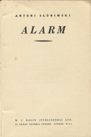 SŁONIMSKI Antoni - Alarm [wydanie pierwsze Londyn 1940]