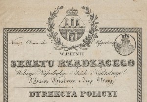 [dokument] Paszport wystawiony przez Dyrektora Policji W. M. Krakowa dla Antoniego Brudzińskiego i jego żony, umożliwiający podróż z Krakowa do Galicji [1831]
