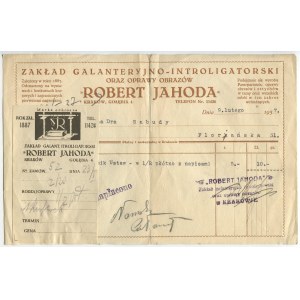 [rachunek] Zakład galanteryjno-introligatorski oraz oprawy obrazów Roberta Jahody [9.02.1937]
