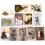 Kb. 200 db RÉGI üdvözlő motívum képeslap hagyatékból: sok grafikus, újévi, karácsonyi, életképek, lithok / Cca. 200 pre...