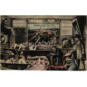 1911 Baja, Belvárosi részlet, lakáshiány, éjjeli szállás idegeneknek. Humoros montázs, Wurmfeld Gyula kiadása (fl...
