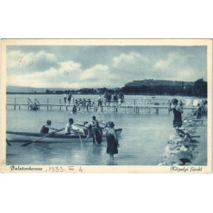 1933 Balatonkenese, Községi fürdő, strand, fürdőzők, evezős csónakok (EK)