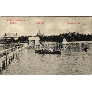 1910 Balatonlelle, Alsólellei part részlete, csónakázók, Kis tanya, Lessik és Wassilievits villa...