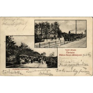 1906 Budapest XVI. Rákosszentmihály, HÉV vasútállomás vonattal, felszállás a lóvonatra, lóvasút. Róth J...